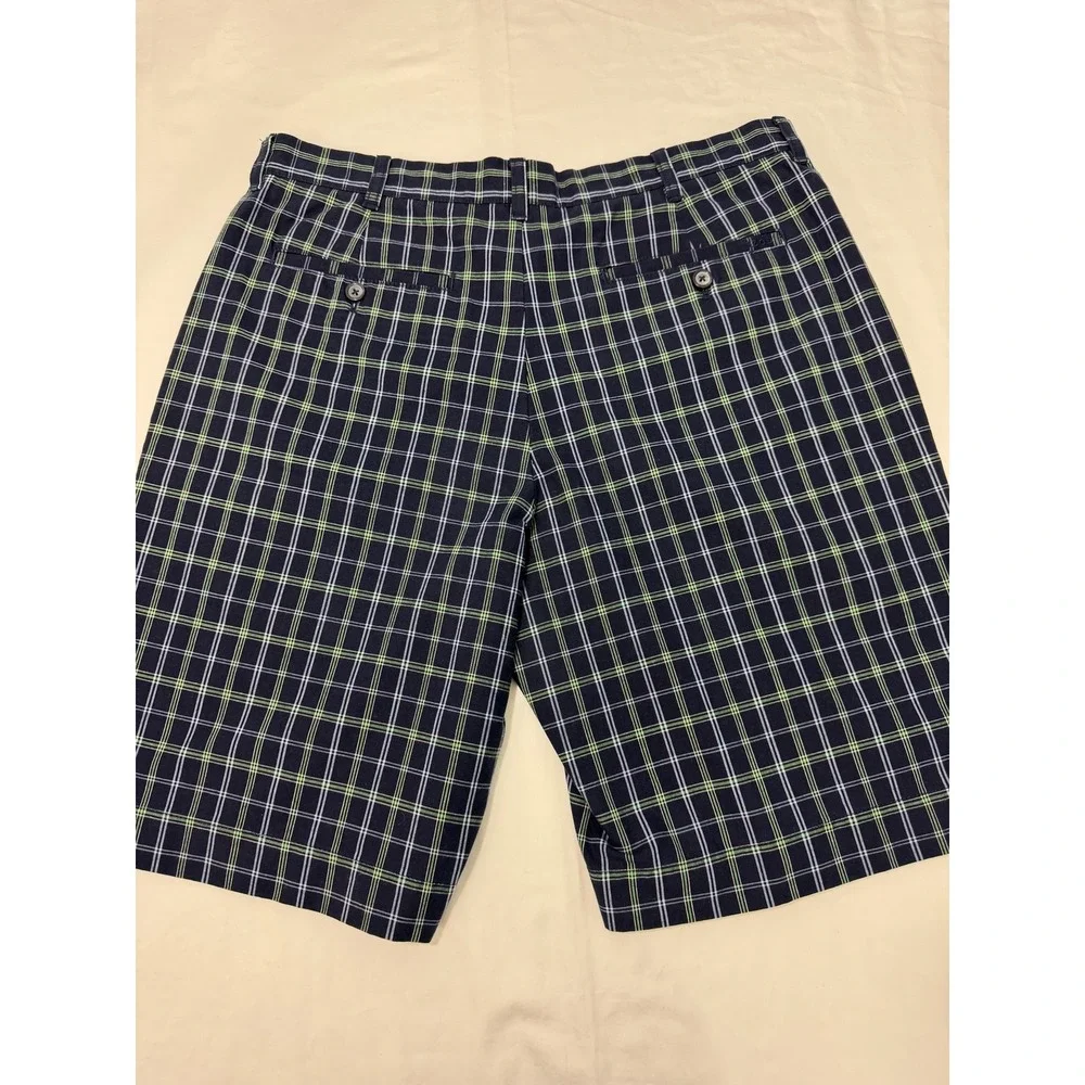 IZOD XFG Plaid Golf Shorts Mens 34 Navy Blue Lime Green Cotton Blend